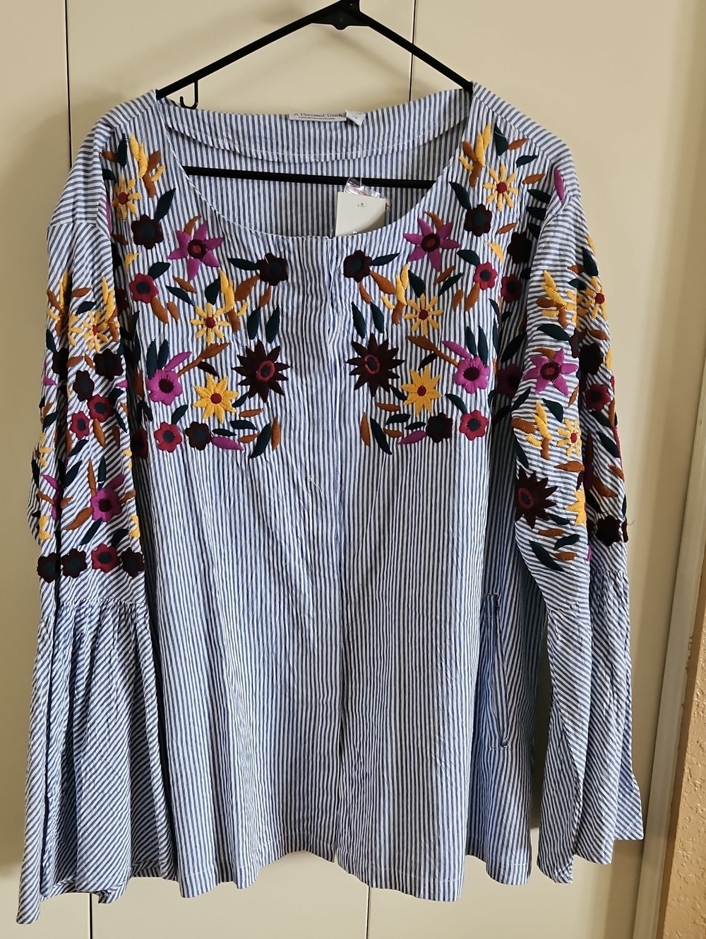 Striped Embroidered Peasant Blouse - Blue, White, Yellow, Pink